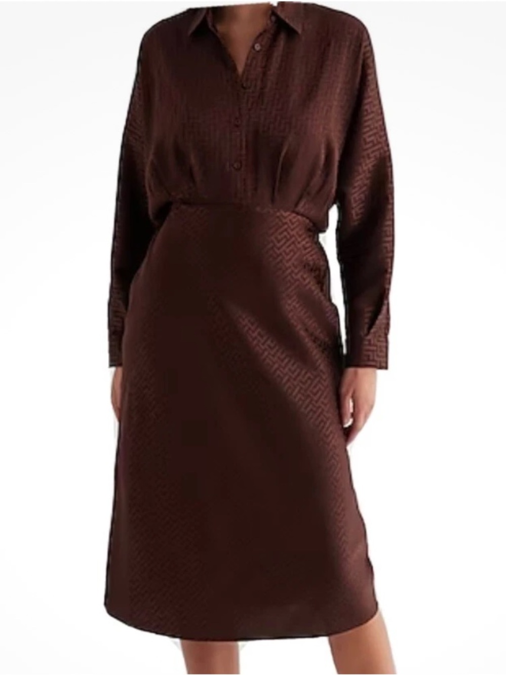 Express Womn S Brown Satin Printed Half Button Up Midi Portofino Shirt Dress NWT